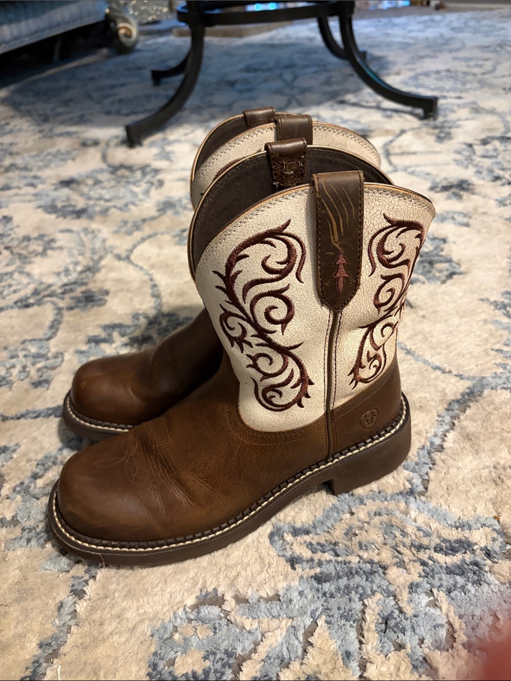 Ariat Fat Baby Liliah Heritage Brown Leather Boots with Cream Embroidered Shaft